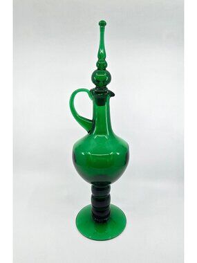 Vintage Empoli Emerald Green Glass Decanter & Stopper Pedestal Base Mid-Century